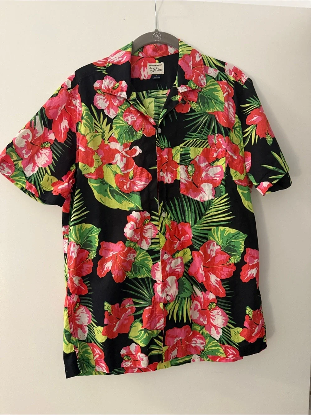 J. Crew Black Short-Sleeve Button-Down with Red Floral Print
